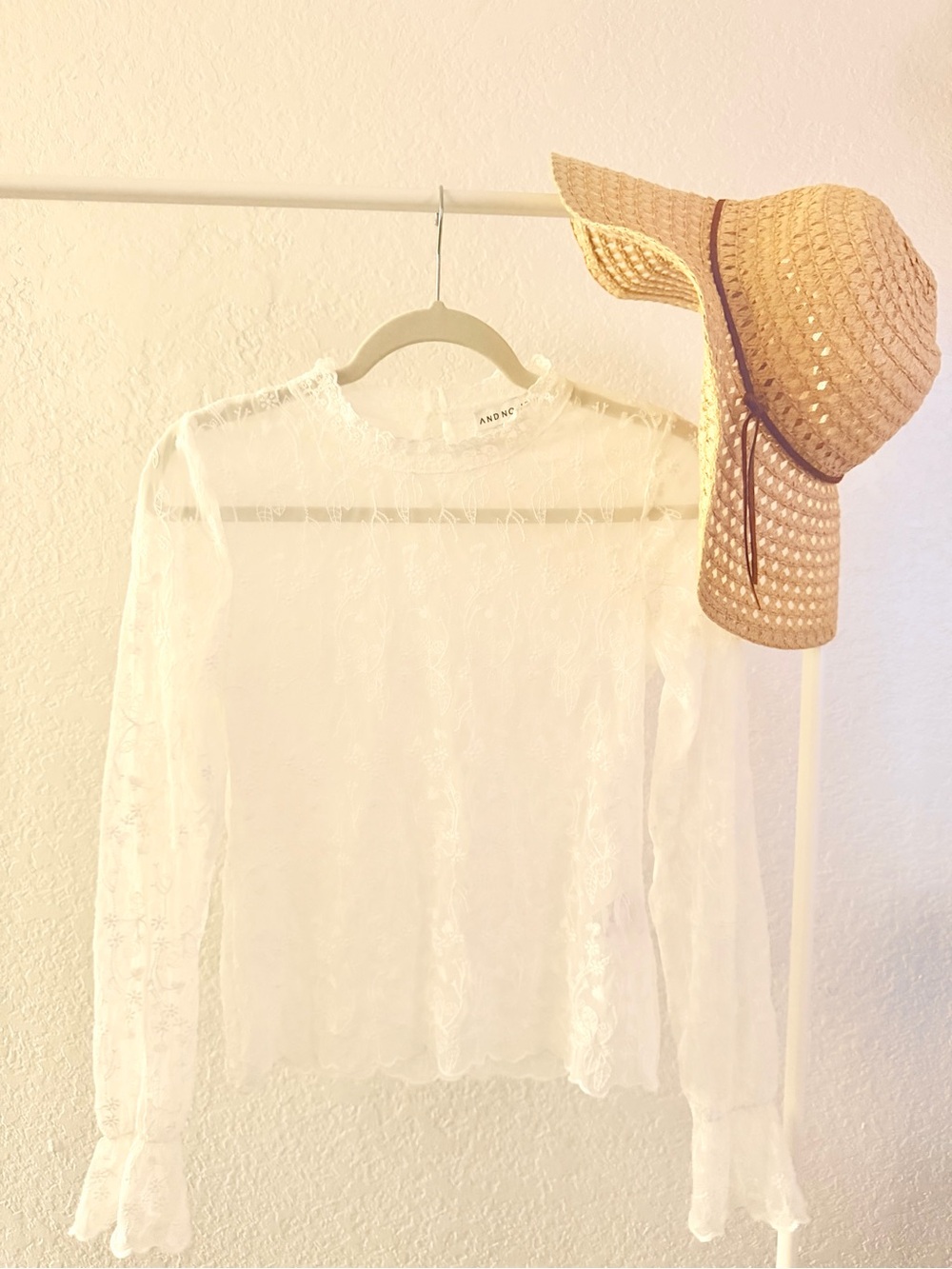 And Now This White Embellished Sheer Lace Long-Sleeve Blouse